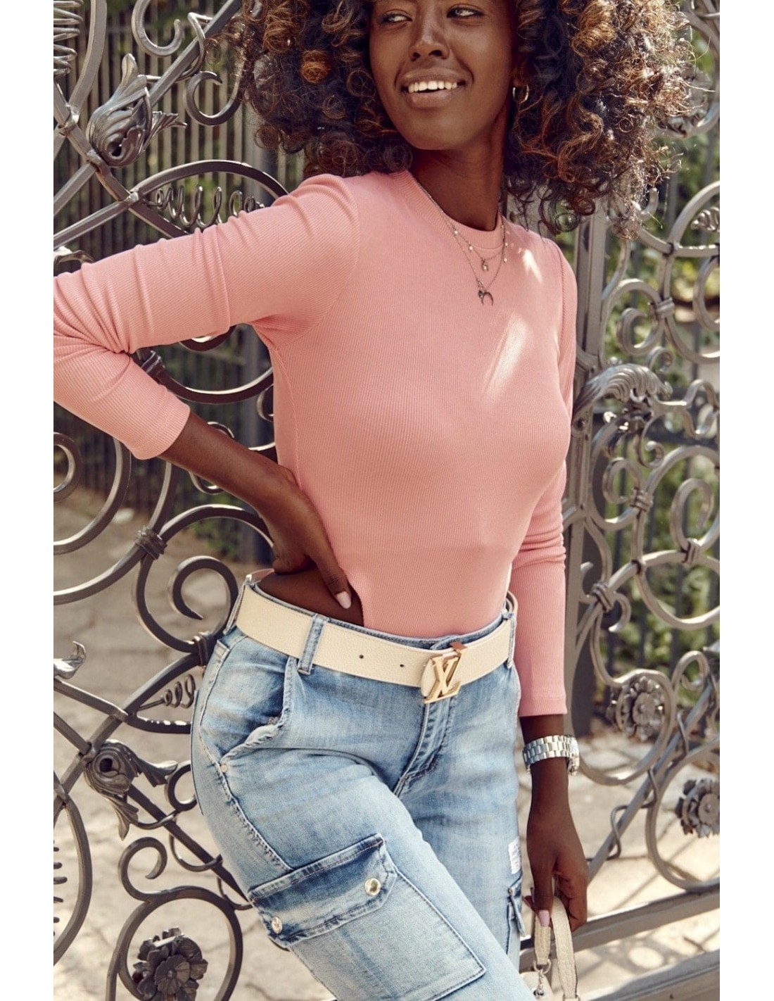 Ribbed bodysuit with long sleeves, pink FG599 - Online store - Boutique